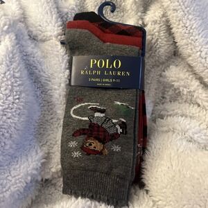 Polo Ralph Lauren Girls Socks Ice Skating Bear 3 Pack Plaid  Size 9-11